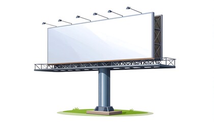 An outdoor structure featuring a large, blank rectangular display. Supported by a sturdy, single pillar and metal framework, lights top it
