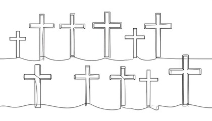 An outline illustration depicts a cluster of various-sized crosses arranged along a simple, wavy line. It uses continuous line art on a plain white backdrop