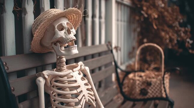 Skeleton wearing a hat sitting on a bench with an open mouth and raised hand near a wicker chair
