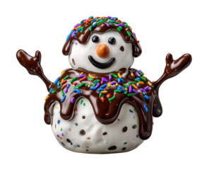 Happy snowman dessert made of marshmallow with chocolate sauce and colorful sprinkle. creative sweet food treat, isolated on transparent background, fun winter confectionery