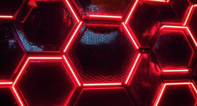 Red neon hexagons illuminated in dark, reflective surface background