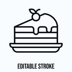 Cake Slice with Cherry on Plate Isolated Vector Lineal Style Icon, Editable Stroke.