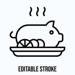Roasted Pig on Plate Isolated Vector Lineal Style Icon, Editable Stroke.