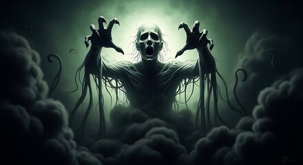 Grotesque monster emerging from dark smoke with outstretched arms in eerie light