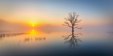 Obraz premium Single bare tree reflected in still water at sunrise with mist and reeds reflection