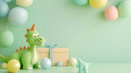 Obraz premium Cheerful Smiling Dinosaur Toy Gift and Colorful Balloons Set Against a Soft Pastel Green Background—Crafting a Playful, Whimsical Scene Perfect for Kids’ Celebrations, Gifting, or Decor Visuals.