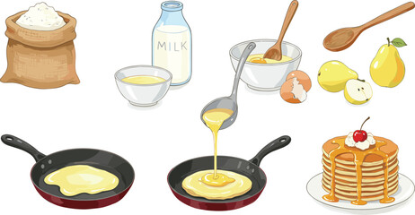 Homemade pancakes preparation, cooking ingredients with flour, milk, eggs, fruit, whisk, skillet, batter, syrup, breakfast recipe illustration, food art