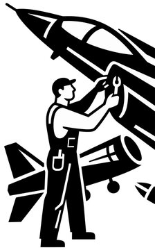 Aircraft mechanic working on a fighter jet, performing maintenance and repairs, aviation