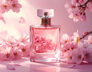 Pink perfume bottle surrounded by cherry blossoms