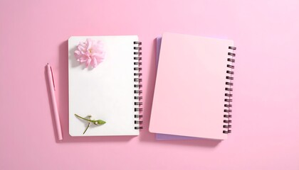 Overhead shot features open blank notebooks, a pink pen, and a flower on a monochromatic pink surface. Perfect for planning and journaling