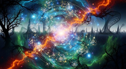 Obraz premium Surreal Cosmic Landscape with Geometric Orbits and Ethereal Trees space universe