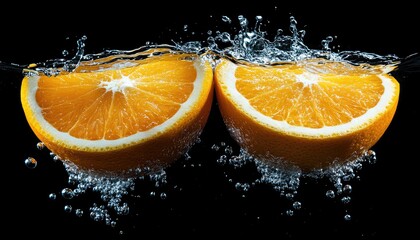 Orange slices submerged in water, splashes and bubbles