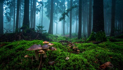 Misty forest floor with mushrooms