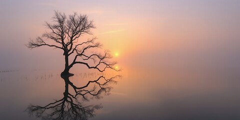 Solitary bare tree in calm water with reflection during foggy sunrise soft pastel sky