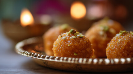 Traditional Indian Motichoor Ladoo Sweets on Brass Plate with Diya in Background, Festive Food Offering for Diwali Celebration, Close-Up of Orange Boondi Laddus Garnished with Nuts and Pistachios
