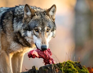 Wolf eating raw meat