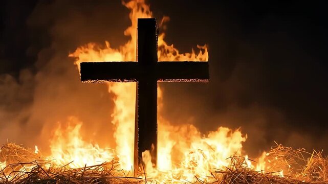 Burning cross on a pile of hay, symbolizing hate and religious persecution.