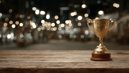 Gold trophy on wooden table, city lights bokeh