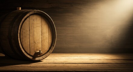 Wooden barrel on a rustic wooden table, spotlighting the barrel