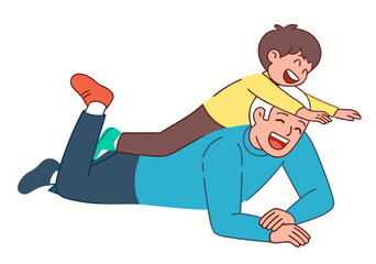 Joyful Child and Smiling Elderly Man Playing Together. Happy Family Fun Illustration.