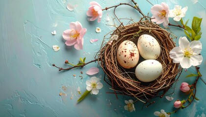 An overhead shot depicts a nest cradling speckled eggs, adorned with delicate blossoms and scattered petals, set against a textured teal surface