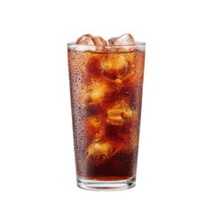 Refreshing Glass of Iced Cola Beverage with Ice Cubes and Bubbles on a Clear Background