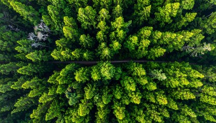 An overhead shot captures a vibrant, verdant forest canopy. A narrow path slices through the dense trees, creating a focal point