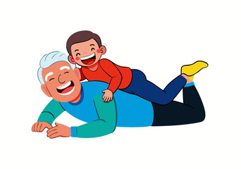 Joyful Child Playing on Smiling Elderly Man's Back - Family Fun Illustration