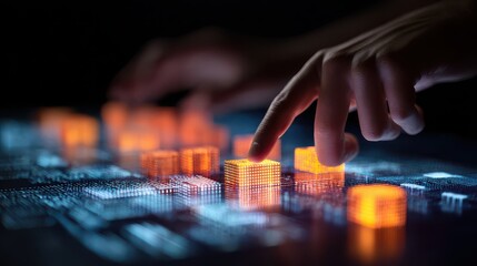 Human hands interacting with glowing digital blocks image