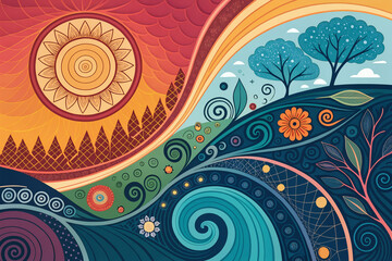 Bright swirling patterns depict a vivid landscape featuring a large sun, lush trees, and flowing waves in rich colors at sunset. Nature and harmony concept. Generative AI.