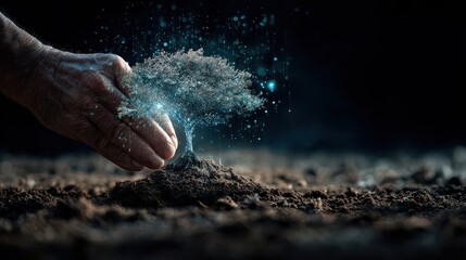 Human hands planting glowing digital tree image