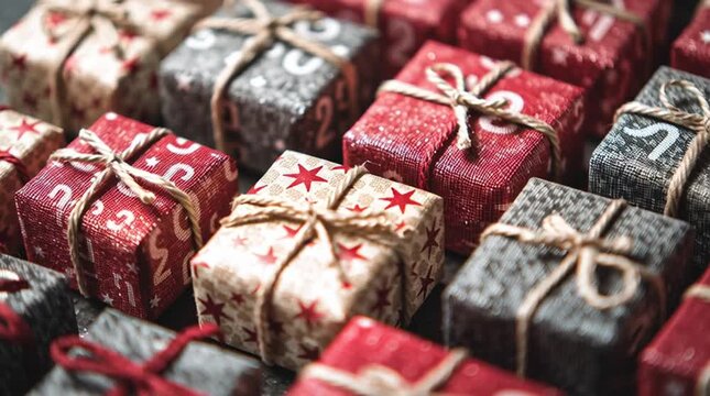 Close up shot of many small christmas presents wrapped in decorative paper and tied with string bows