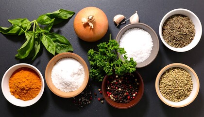 An overhead shot displaying assorted cooking ingredients like herbs, spices, onion, garlic, and salt in ceramic bowls, atop a black surface