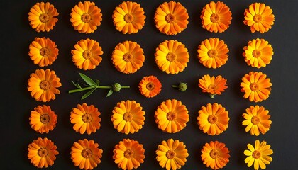 An overhead shot displays a meticulously arranged pattern of bright orange blossoms on a dark, matte background. A stem is also shown