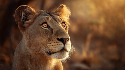 Obraz premium ferocity. Lioness with a focused gaze and detailed fur, bathed in golden savanna light with a natural habitat backdrop. wildlife magazines.