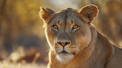 Obraz premium ferocity. Lioness with a focused gaze and detailed fur, bathed in golden savanna light with a natural habitat backdrop. wildlife magazines.
