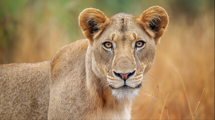 Obraz premium ferocity. Lioness with a focused gaze and detailed fur, bathed in golden savanna light with a natural habitat backdrop. wildlife magazines.