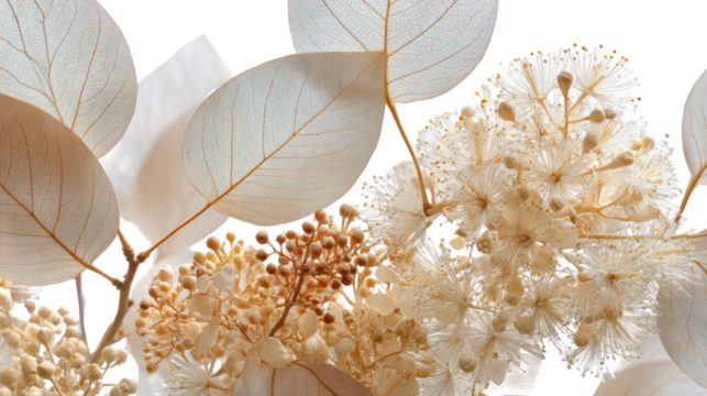 Delicate dried flower arrangement with large leaves isolated on transparent background - Powered by Adobe