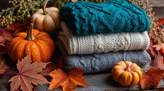 Autumn scene with pumpkins leaves and stack of knitted sweaters on a wooden surface display