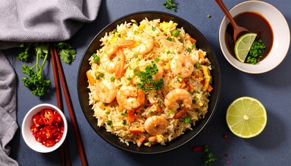 Overhead shot of a black bowl filled with shrimp fried rice garnished with green onions. The image includes a small bowl of soy sauce and sliced lime