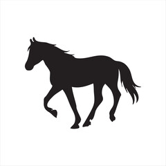 Obraz premium Silhouette of a majestic horse in motion, captured in a bold black graphic against a clean white background, perfect for equestrian themes