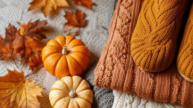 Autumnal still life featuring pumpkins maple leaves and a stack of cozy knitted sweaters and slippers