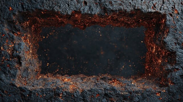 Rectangular opening reveals fiery depths, framed by rough, textured rock with glowing embers - Powered by Adobe