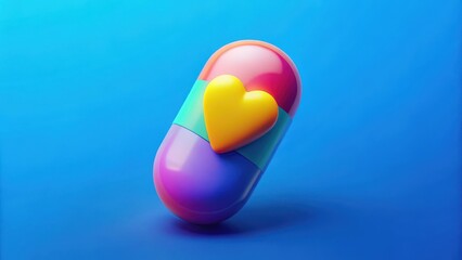 Colorful pill with a heart shape in the center on a vibrant blue background