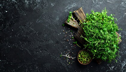 An overhead shot displays vibrant microgreens artfully arranged on a rustic wooden serving board and a small wooden bowl, set against a textured black backdrop