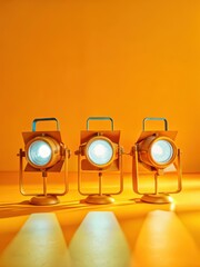 High-end products lit up by bright blue and white spotlights on a sleek blue backdrop