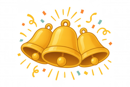 Golden bells ringing, celebrating holiday spirit with festive confetti and yellow ribbons on transparent background