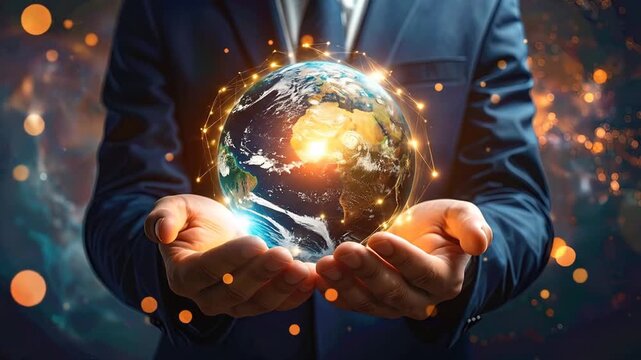Global Vision: A Businessman's Hands Embracing a Connected Planet
