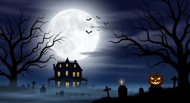 Spooky Haunted House at Night Under Full Moon.