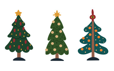 Set collection of Christmas New Year trees with different decorations. Holiday design for cards, banners, packaging and textiles